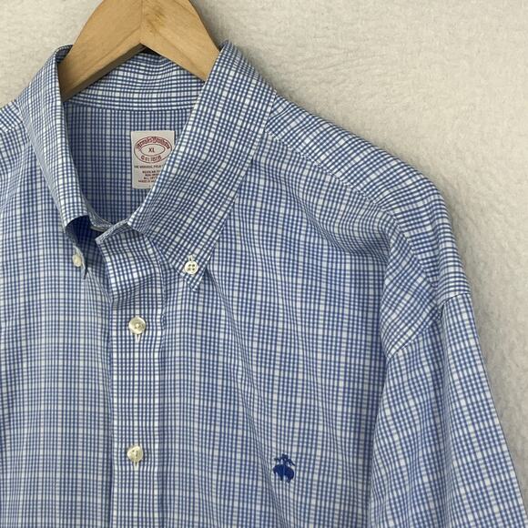 BROOKS BROTHERS Shirt Mens XL Gingham Check Non Iron Original Polo Cotton Blue - Picture 2 of 13